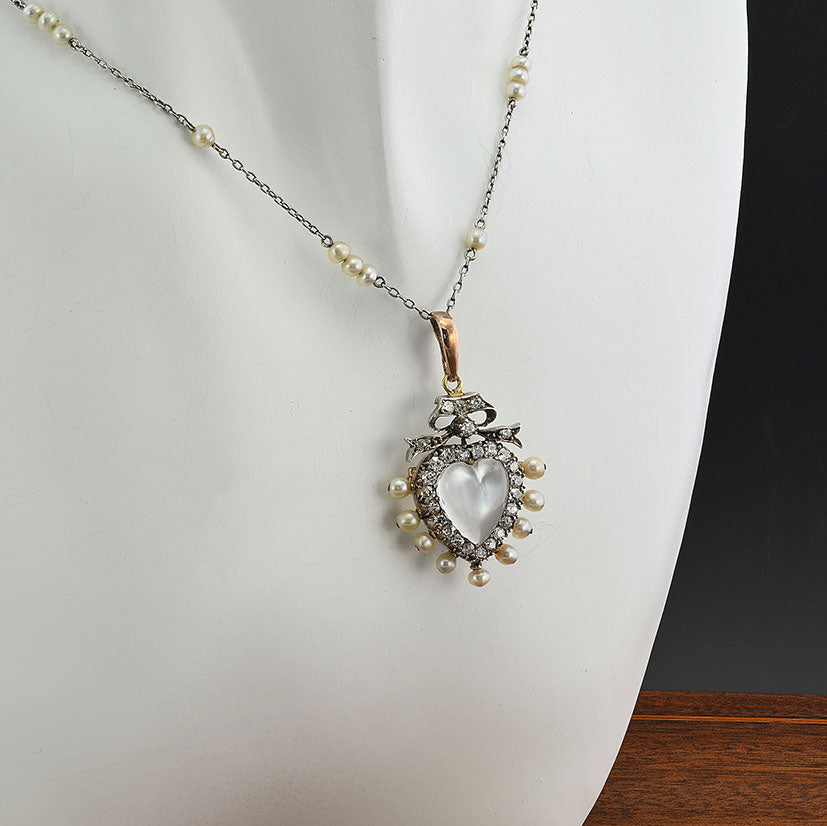 Victorian Antique Carved 3ct Moonstone Heart 1.40ct Old Mine Cut Diamond and Natural Pearl Pendant come Brooch