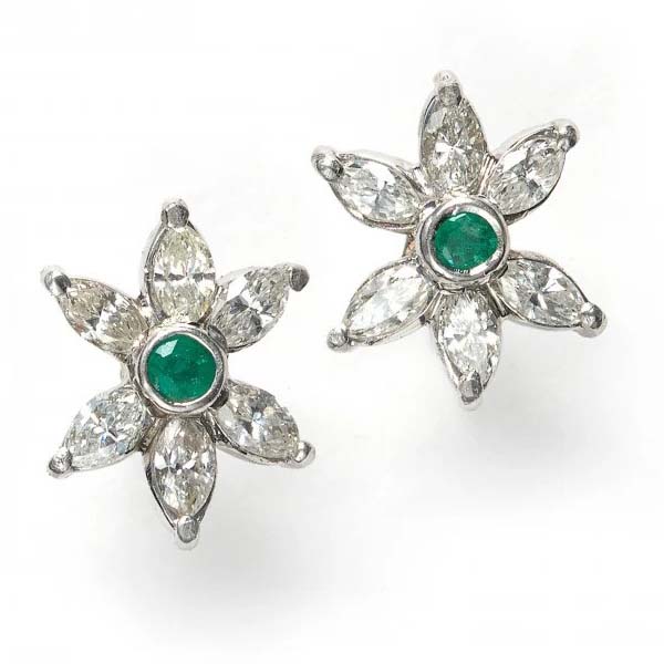 Emerald and Marquise Diamond Flower Cluster Earrings