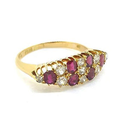 Ruby and Diamond Navette Shaped Cluster Dress Ring in 18ct Yellow Gold