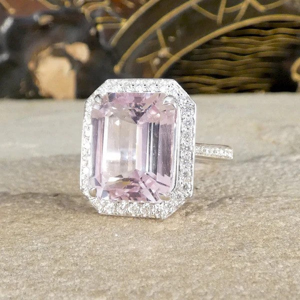 8.38ct Emerald Cut Pink Kunzite and Diamond Cluster Ring