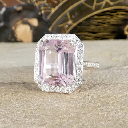 8.38ct Emerald Cut Pink Kunzite and Diamond Cluster Ring