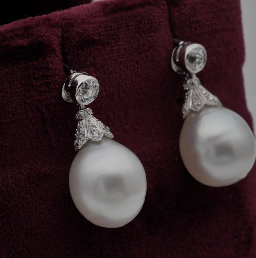 Art Deco South Sea Pearl and Diamond Drop Earrings