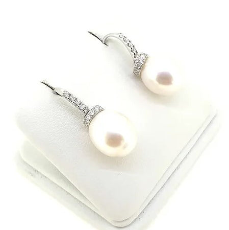 Oval Freshwater Pearl and Diamond Drop Earrings