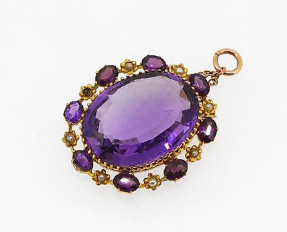 Antique Victorian Amethyst and Pearl Brooch, 14ct Yellow Gold