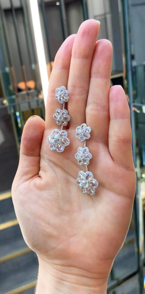 Rose Cut Diamond Floral Drop Earrings, 10.11 carats, 18ct White Gold