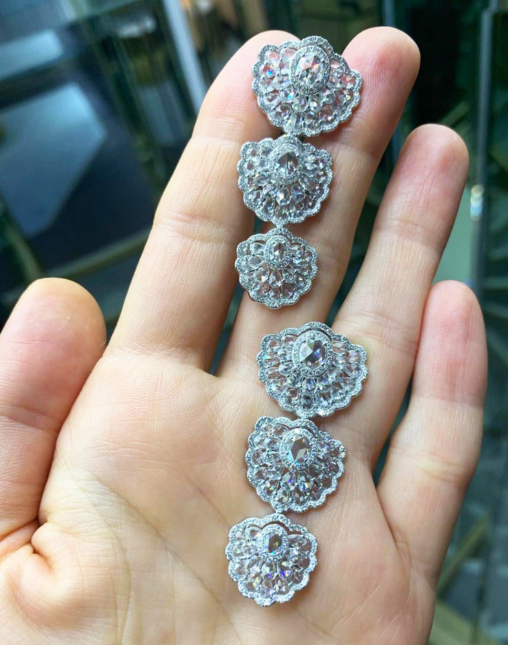 Rose Cut Diamond Orchid Drop Earrings, 8.51 carat total, 18ct White Gold