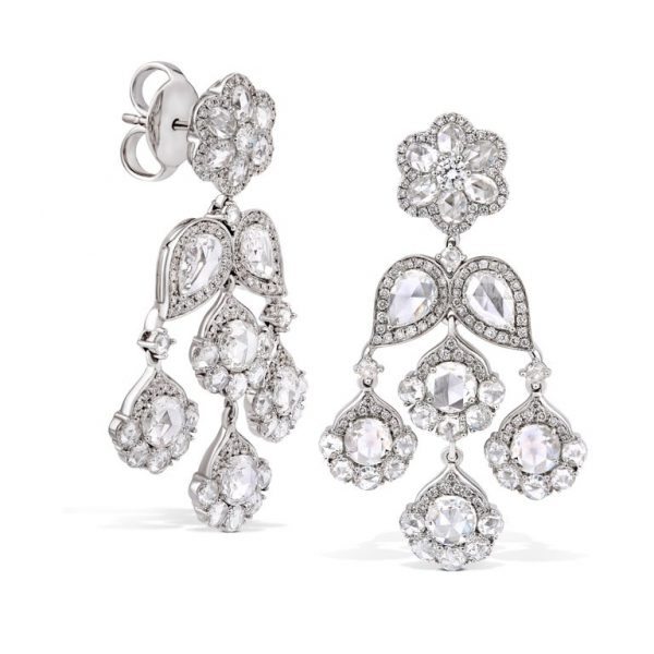 Rose Cut Diamond Floral Chandelier Earrings, 7.71cts, 18ct White Gold