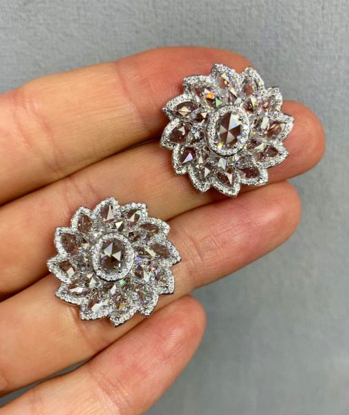 Rose Cut Diamond Flower Cluster Stud Earrings, 7.74cts, 18ct White Gold
