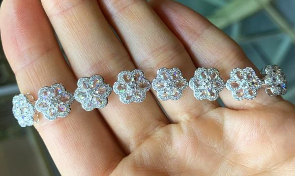Rose Cut Diamond Flower Cluster Bracelet, 7.21 carats, 18ct White Gold