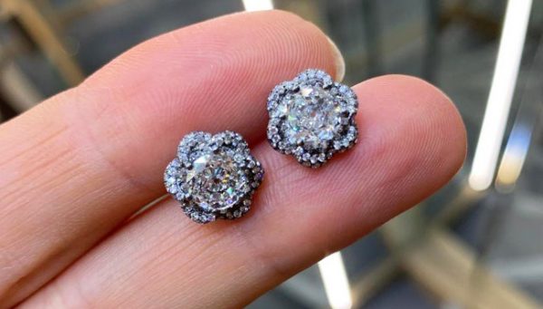 Old Cut Diamond Flower Stud Earrings, 1.91 Carat Total, 18ct Black Gold