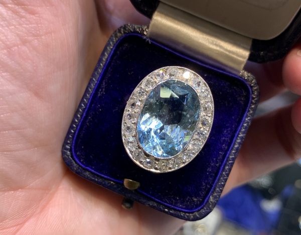 Antique Edwardian Oval Cut Aquamarine and Diamond Cluster Ring, 9.00 carats