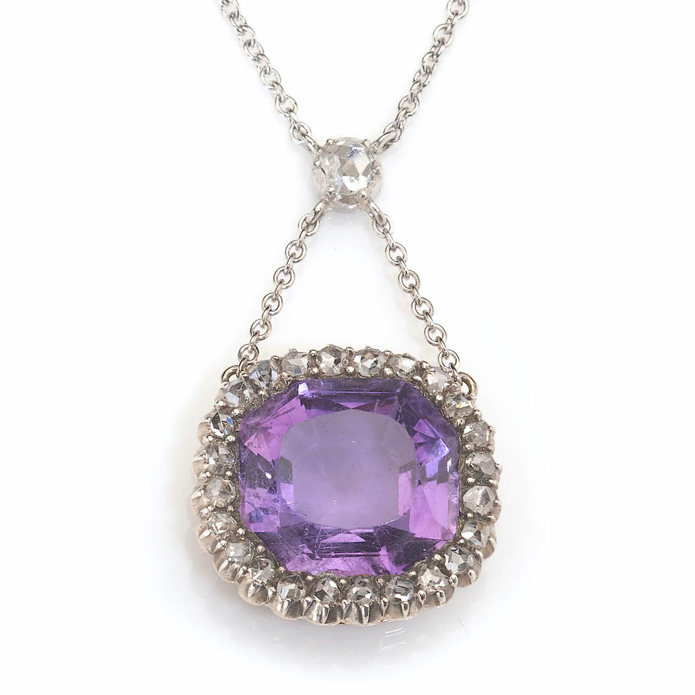 Antique Victorian 7ct Amethyst and Diamond Cluster Pendant