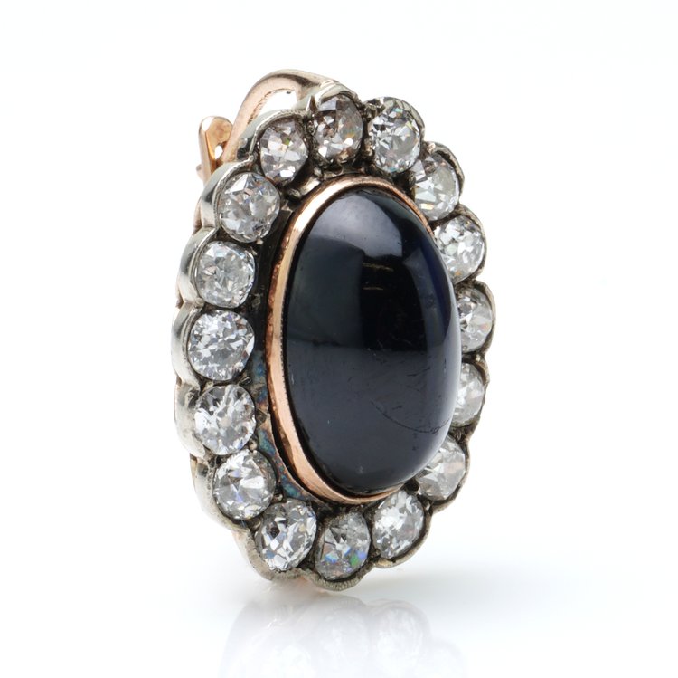 Antique Russian 12ct Cabochon Sapphire and Old Cut Diamond Cluster Earrings in 14ct Gold, Circa 1850s