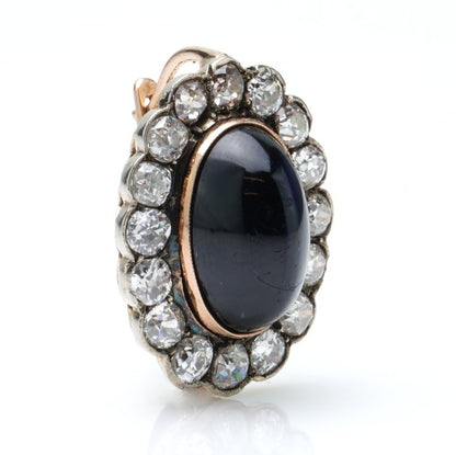 Antique Russian 12ct Cabochon Sapphire and Old Cut Diamond Cluster Earrings in 14ct Gold, Circa 1850s