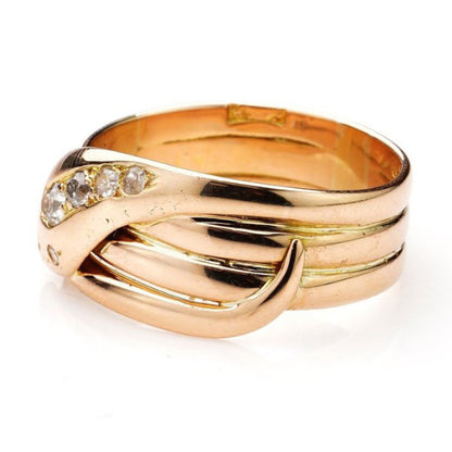 Antique 15ct Yellow Gold Snake Ring with Old Cut Diamonds