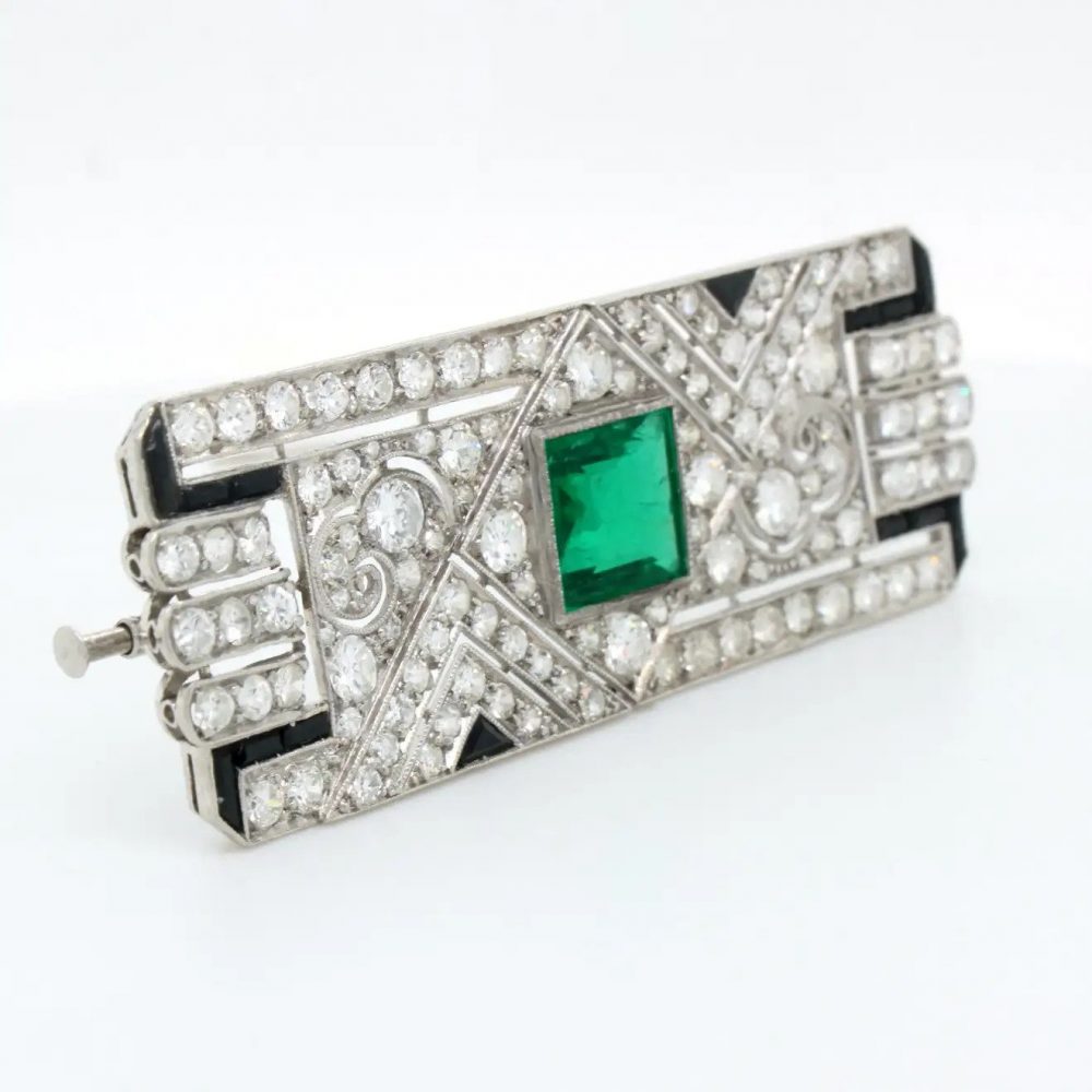 Art Deco Colombian Emerald Onyx and Diamond Brooch