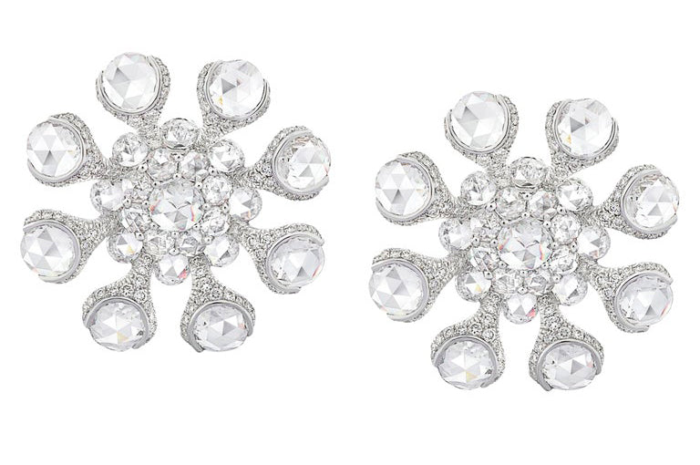 Rose Cut Diamond Flower Stud Earrings, 8.78 carat total, 18ct White Gold