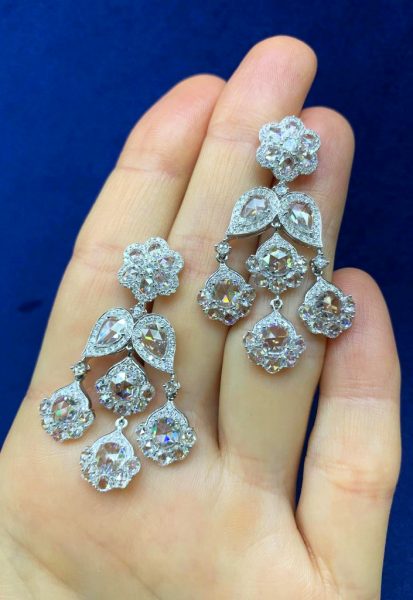 Rose Cut Diamond Floral Chandelier Earrings, 7.71cts, 18ct White Gold