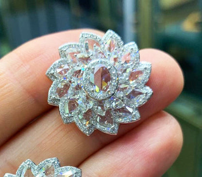 Rose Cut Diamond Flower Cluster Stud Earrings, 7.74cts, 18ct White Gold