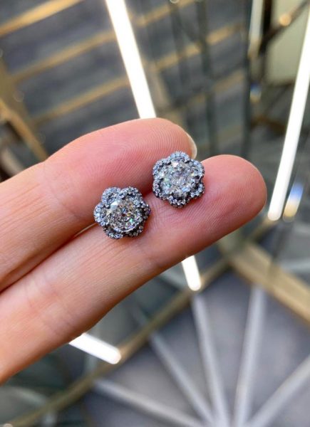 Old Cut Diamond Flower Stud Earrings, 1.91 Carat Total, 18ct Black Gold