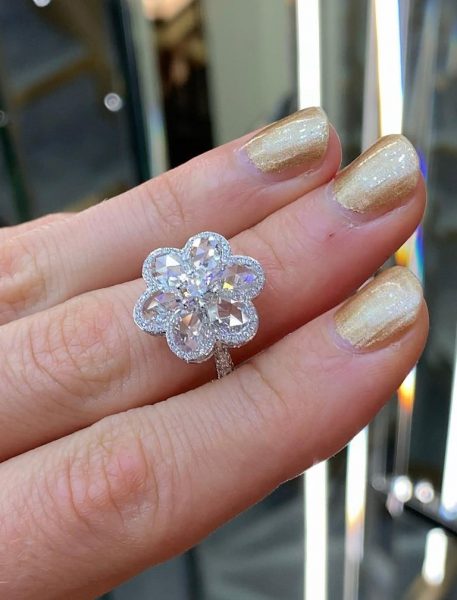Rose Cut Diamond Flower Cluster Ring, 2.59 carat total, 18ct White Gold