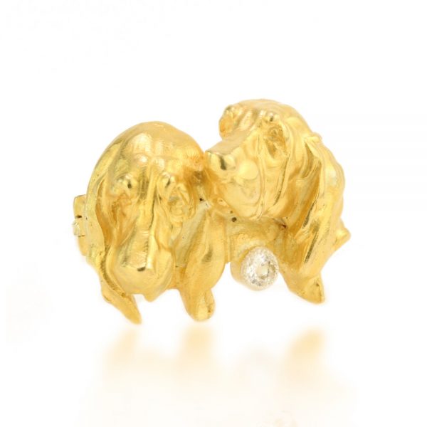 Antique Edwardian 18ct Gold Basset Hound Dog Brooch with Old Cut Diamond