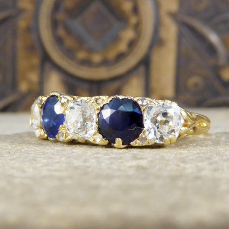 Antique Victorian sapphire diamond ring 18 ct gold carved settings 1880