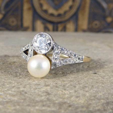 Antique art deco pearl diamond two stone toi et moi ring
