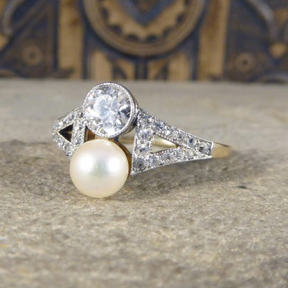 Antique art deco pearl diamond two stone toi et moi ring