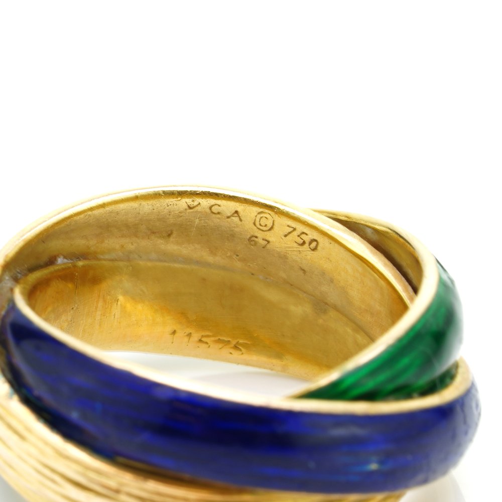 Vintage Van Cleef and Arpels 18ct Gold Blue and Green Enamel Twisted Ring