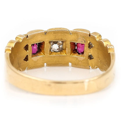 Victorian Antique Ruby and Old Mine Cut Diamond Three Stone Gypsy Ring