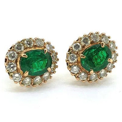2.20ct Colombian Emerald and Diamond Oval Cluster Earrings
