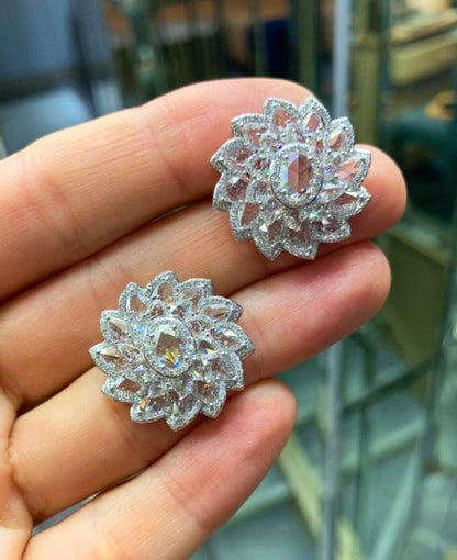 Rose Cut Diamond Flower Cluster Stud Earrings, 7.74cts, 18ct White Gold