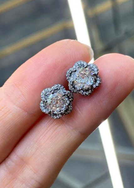 Old Cut Diamond Flower Stud Earrings, 1.91 Carat Total, 18ct Black Gold