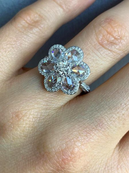 Rose Cut Diamond Flower Cluster Ring, 2.59 carat total, 18ct White Gold