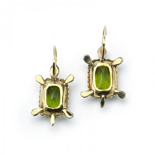 Peridot and Diamond Turtle Earrings, 30.48 carats