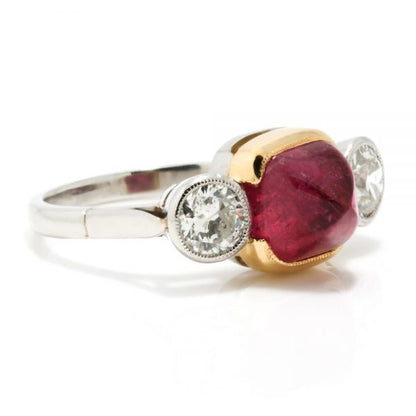 Art Deco 4.52ct Natural Cabochon Ruby and Old Cut Diamond Trilogy Ring, with GCS certificate