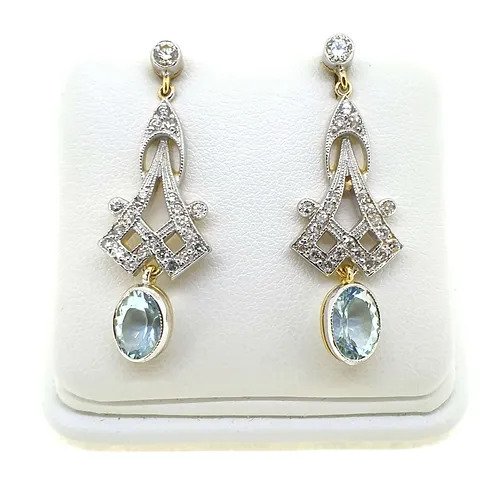 Decorative Pair of 2.10ct Aquamarine and Diamond Long Drop Earrings
