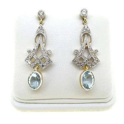 Decorative Pair of 2.10ct Aquamarine and Diamond Long Drop Earrings