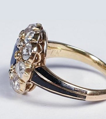 Antique Sapphire and Diamond Cluster Ring with Enamel