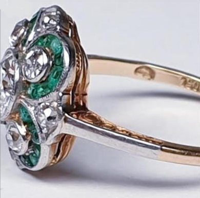 Antique Edwardian Emerald and Diamond Floral Cluster Dress Ring