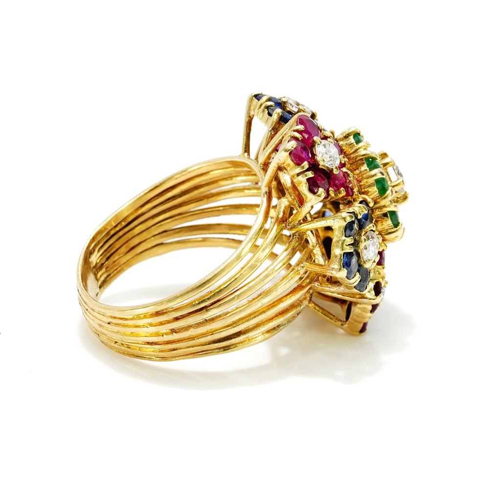 Vintage 1940s French Multi Gemstone Tutti Frutti Floral Cluster Ring in 18ct Yellow Gold