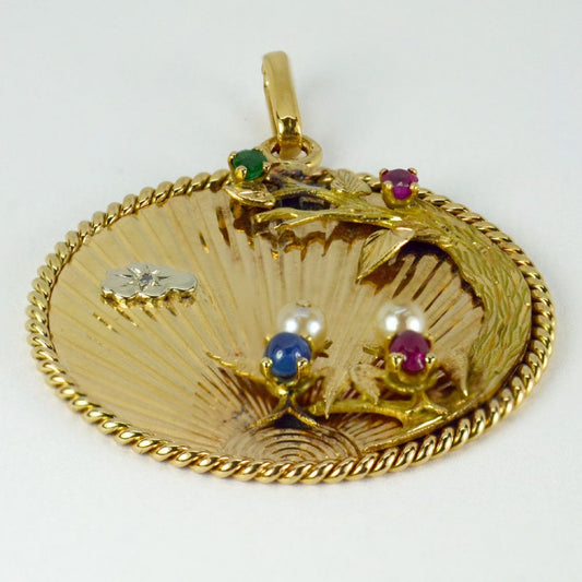 French Multi Gemstone and 18ct Yellow Gold Lovebirds Pendant