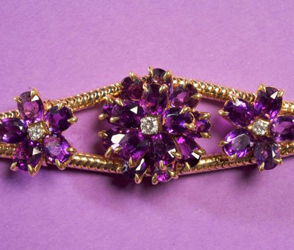 Vintage 1950s Amethyst and Diamond Flower Set Gold Rope Bracelet