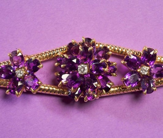Vintage 1950s Amethyst and Diamond Flower Set Gold Rope Bracelet