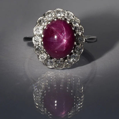 Art Deco Certified Natural Star Ruby and Diamond Cluster Ring
