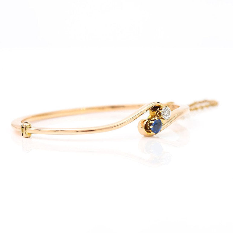Edwardian Antique Sapphire Diamond 15ct Gold Bangle Bracelet