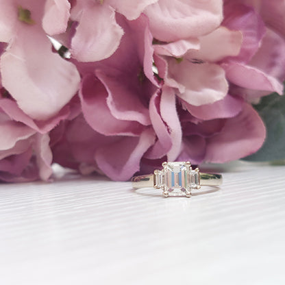 Baguette Cut Diamond Trilogy Engagement Ring, central diamond 1.02 carats