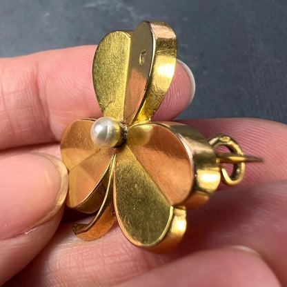 French Natural Pearl and 18ct Yellow Gold Clover Pendant come Brooch