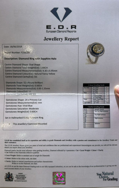 Certified 1.66ct Fancy Yellow Diamond Sapphire and White Diamond Cluster Ring